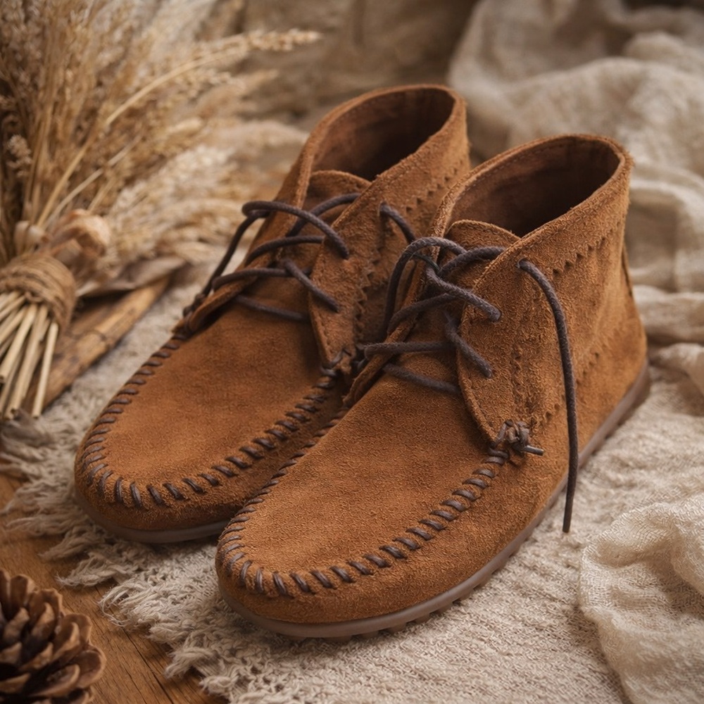 Minnetonka Suede Moccasin Ankle Boots Brown Size 8.5 Leather Lace - Picture 1 of 8